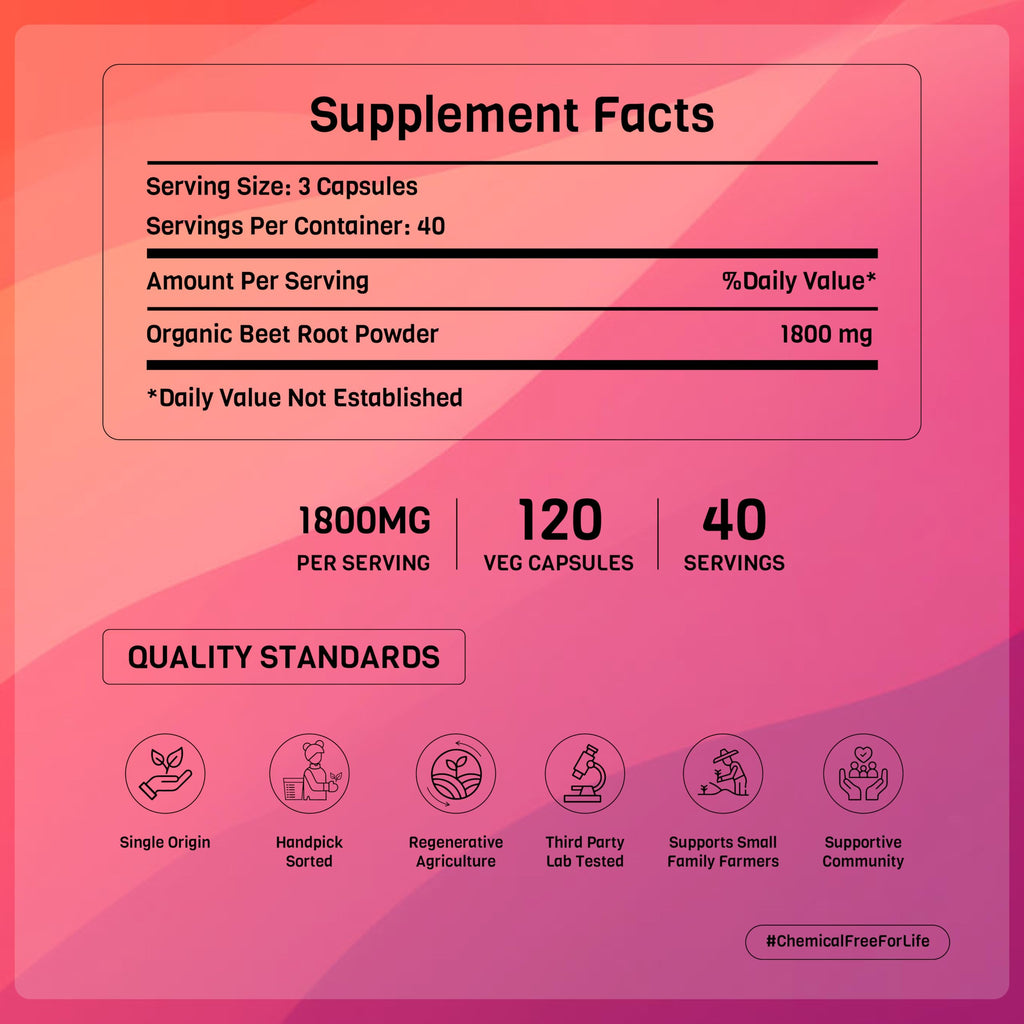 PADMURA Organic Beet Root Powder Capsules 1800mg - Healthy Blood Pressure & Happy Heart | USDA Organic Certified | Non GMO | Gluten Free | Vegan - 120 Veg Capsules
