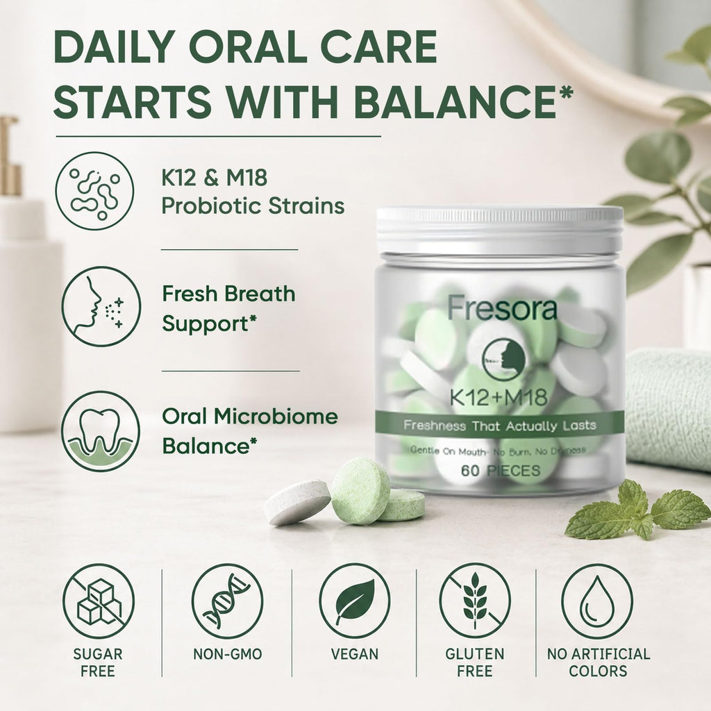 FRESORA Oral Probiotics, with K12 & M18, Oral Probiotics for Mouth Bad Breath for Adults, Sugar-Free Mint Lozenges for Oral Microbiome Balance, Defends Against Bad Breath & Dental Problems, 60 Count