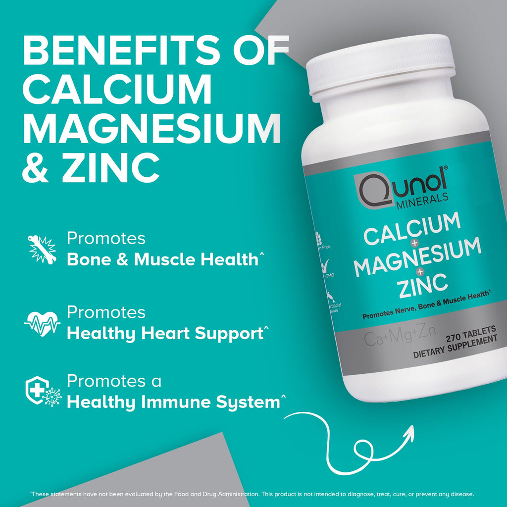 Qunol Calcium 3 in 1 Tablets with Calcium, Magnesium & Zinc for Immune Support, Bone, Nerve, and Muscle Health Supplement, 270 Count