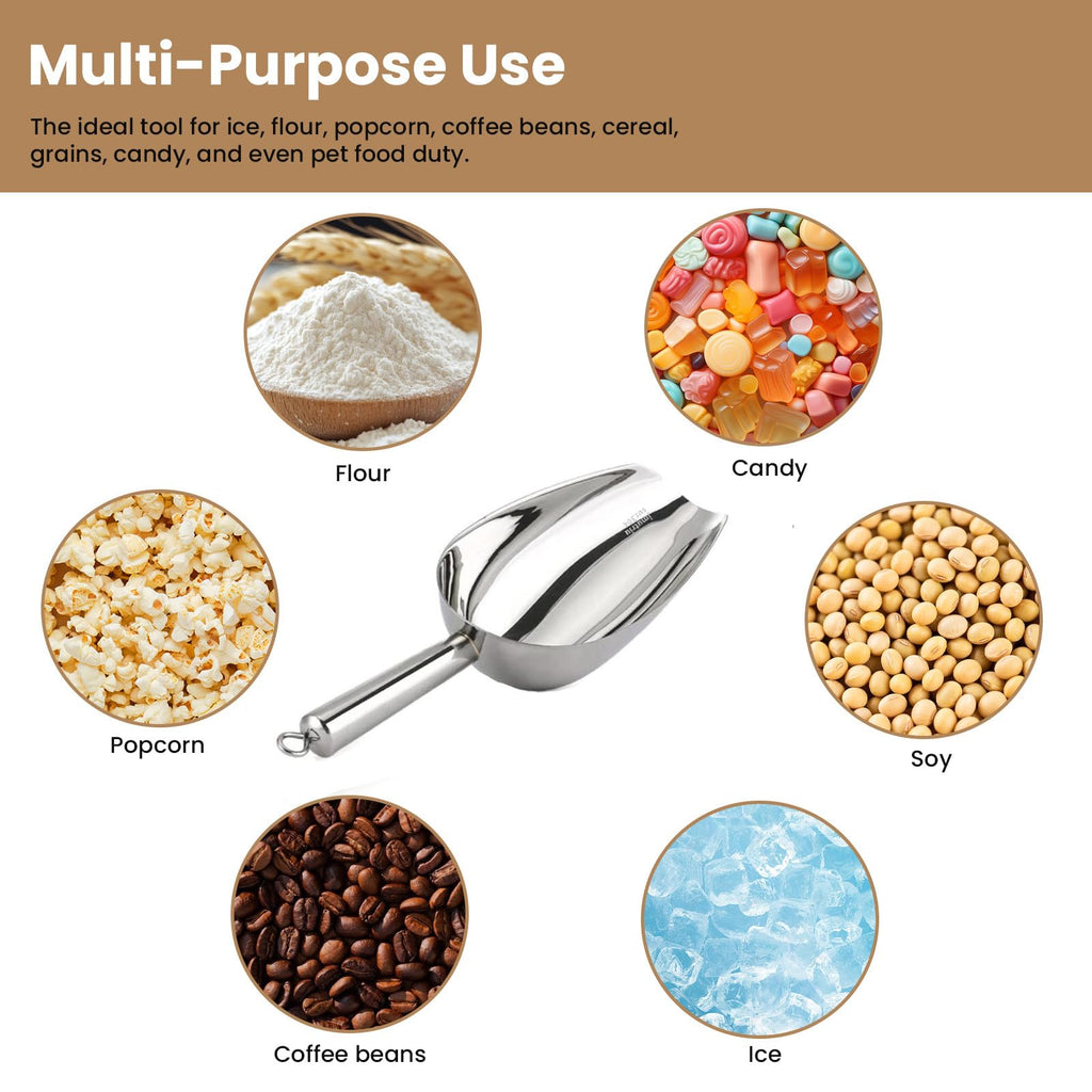 12 Oz 304 Stainless Steel Ice Scoop with Magnetic Hook - Heavy Duty Commercial Ice Shovel for Ice Maker & Freezer, Large Scooper for Bar, Kitchen, Party & Pet Food, Easy to Clean (Silver)