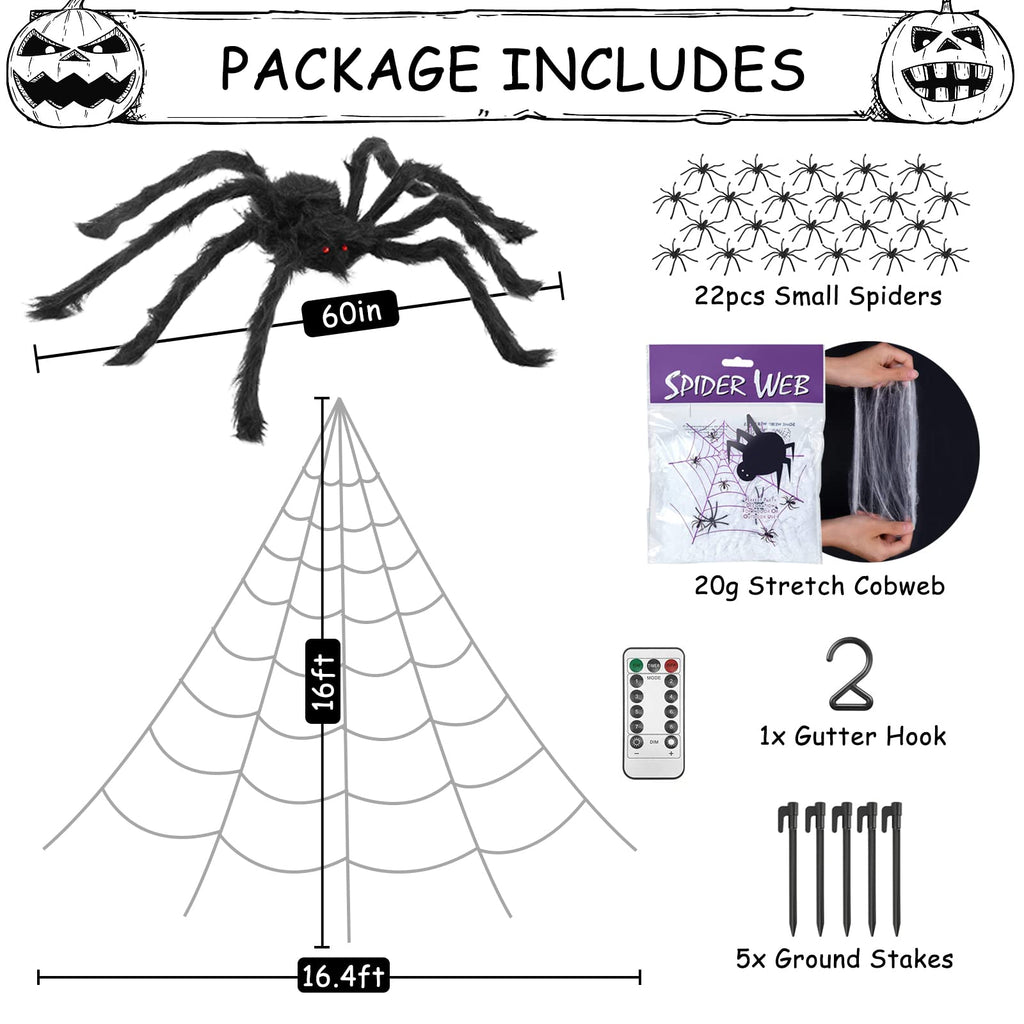 Spider Web Halloween Decorations Outdoor Lights, 125 Purple LED Light Up 16.4Ft Giant Spiderweb & 60" Large Spider & 22 Small Spiders & 20g Stretch Cobweb, 8 Modes Lighted Decor for Yard Outside