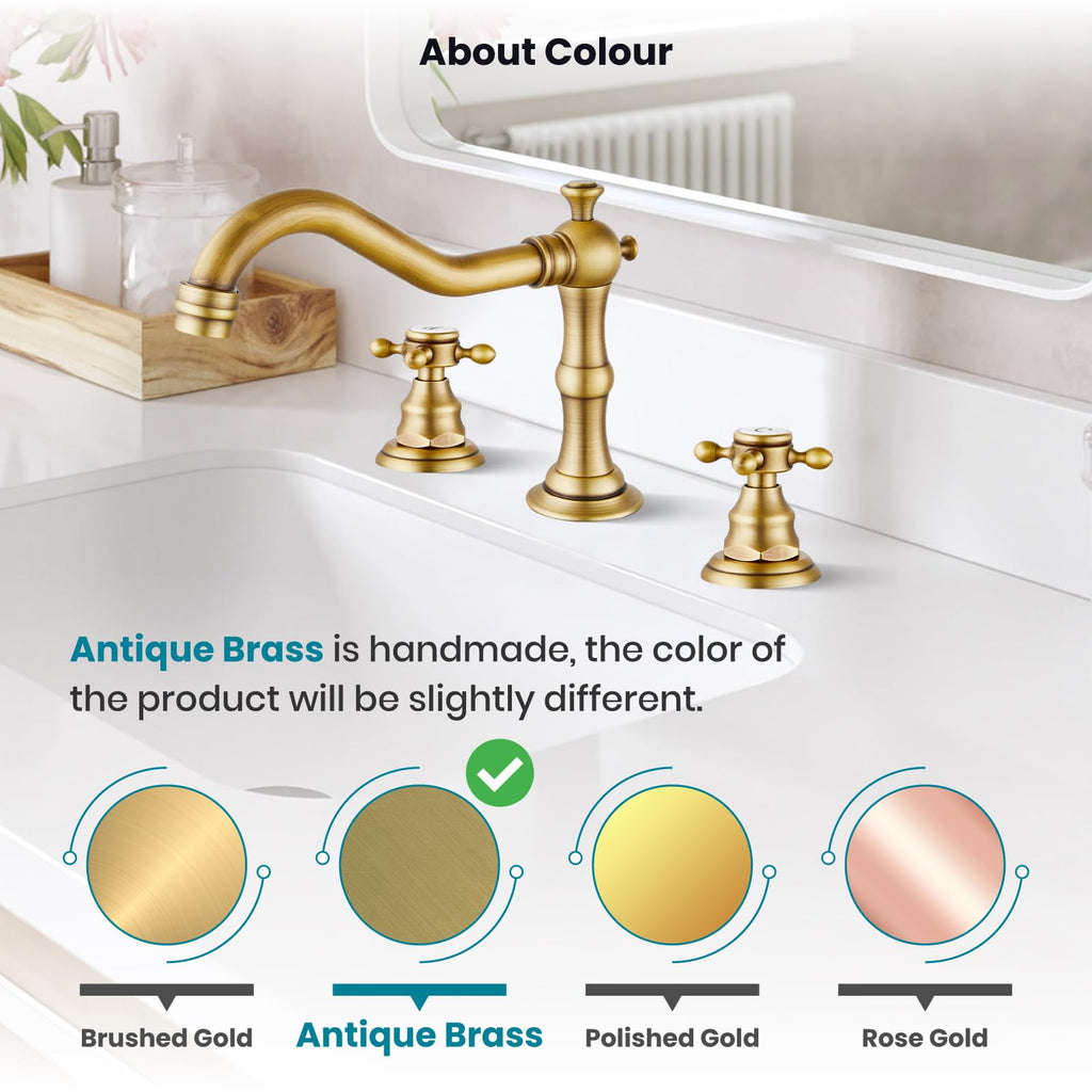gotonovo Bathroom Faucet 3 Hole 8 Inch Widespread Bathroom Sink Faucet 2 Cross Handles Vintage Lavatory Vanity Mixer Tap with Pop Up Drain, H C Label, Antique Brass