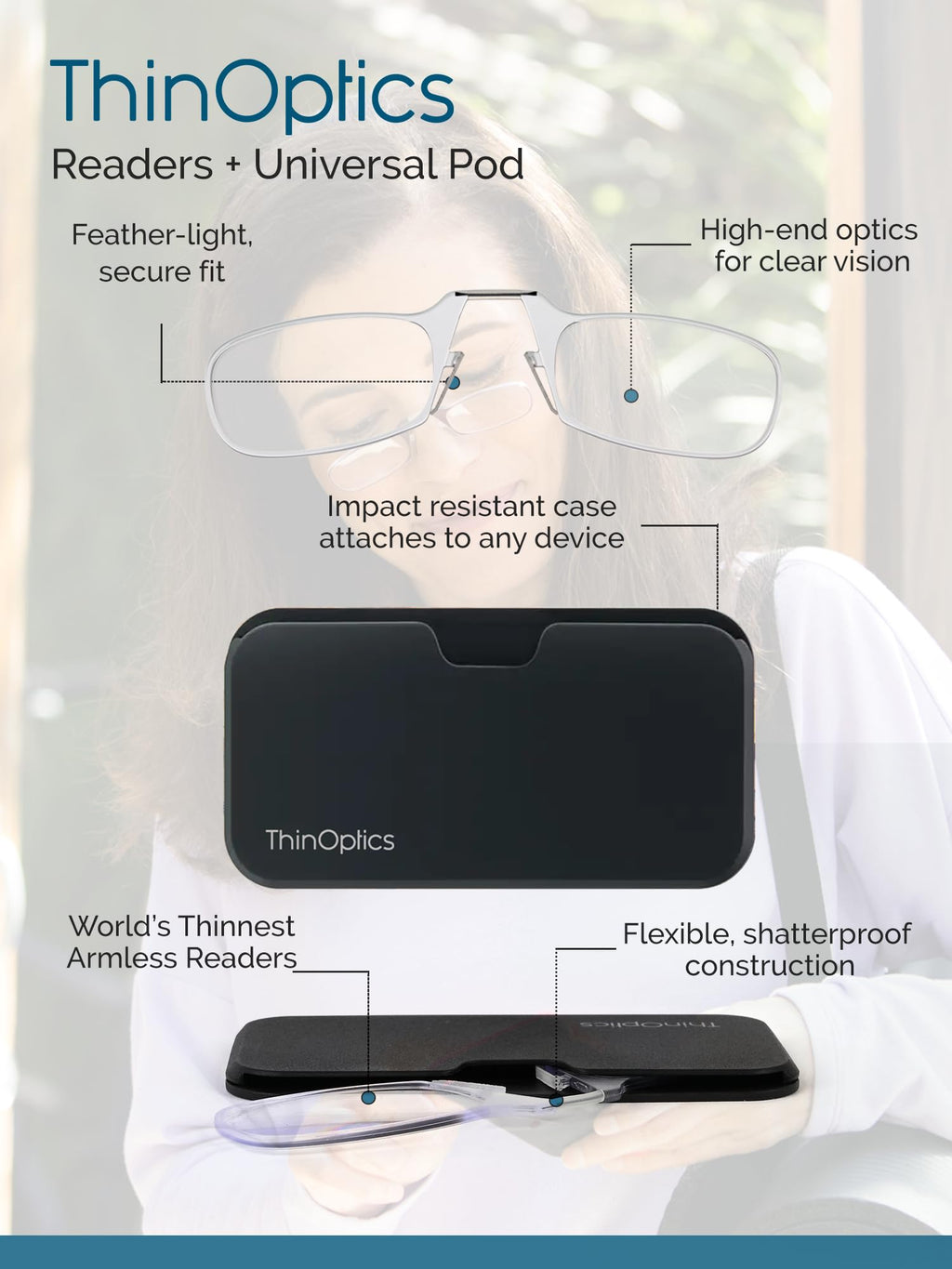 ThinOptics unisex-adult Reading Glasses + Black Universal Pod Case | Black Frames, 2.00 Strength Readers Black Frames / Black Case, 44 mm