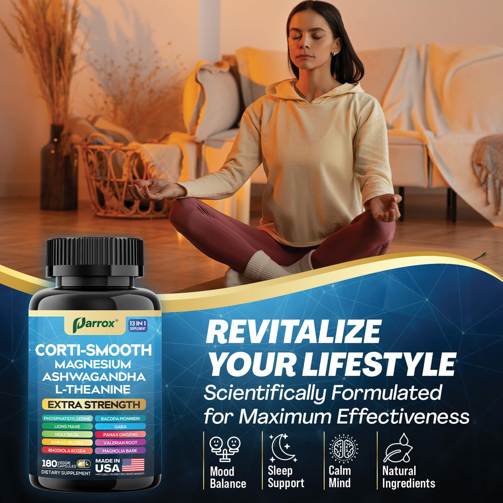 Parrox Corti-Smooth Cortisol Supplement Magnesium, L-Theanine, Ashwagandha, Magnolia Bark, Panax Ginseng, Bacopa Monnieri, GABA, Lions Mane, Ginkgo Biloba, Phosphatidylserine, Valerian Root (180 Caps)