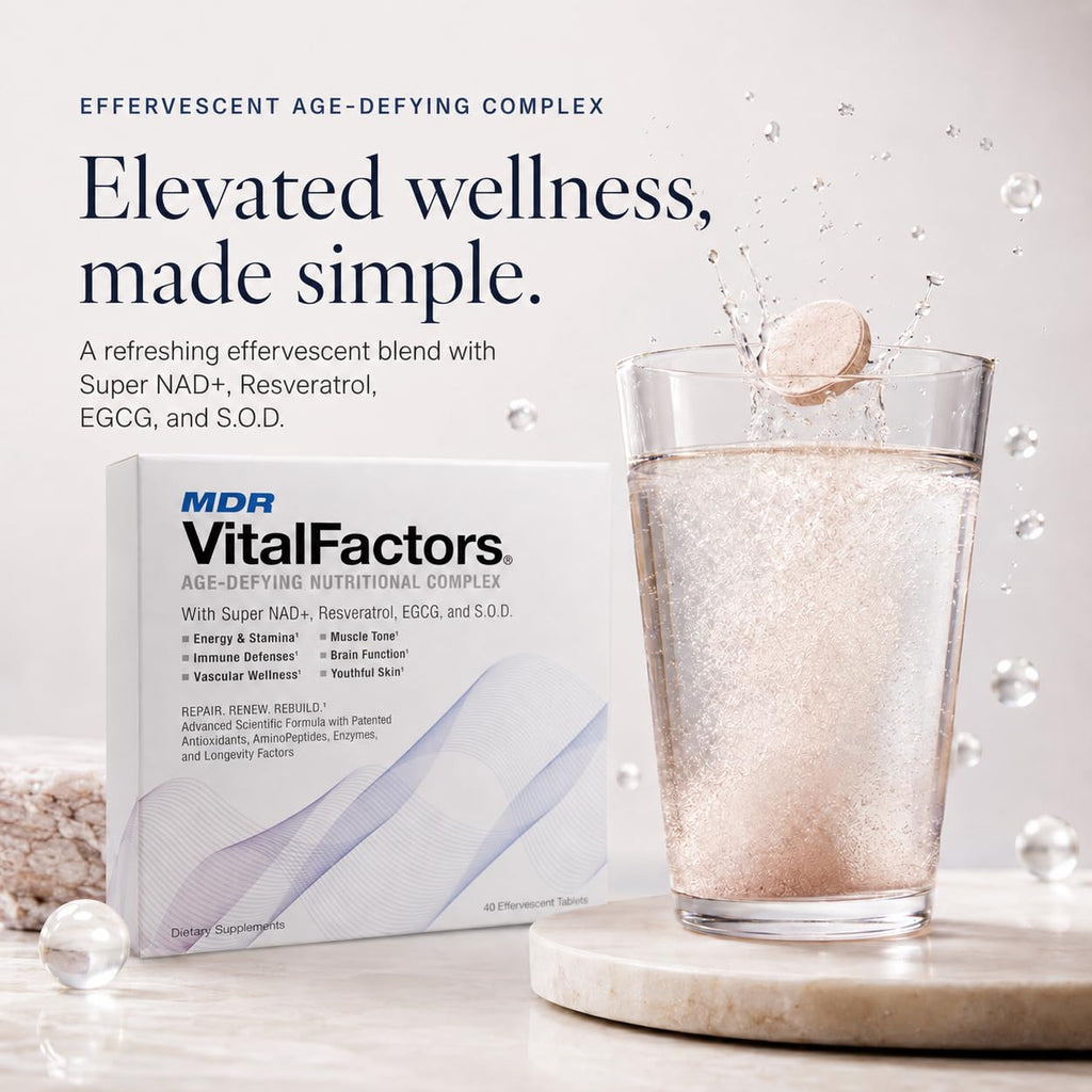 MDR VitalFactors NAD+ Anti-Aging Drink Mix – Doctor Formulated Effervescent Tablets with Resveratrol, SOD, B12 & D3 – Supports Energy, Cellular Health & Vitality – 40 Tablets, Trusted Since 1984