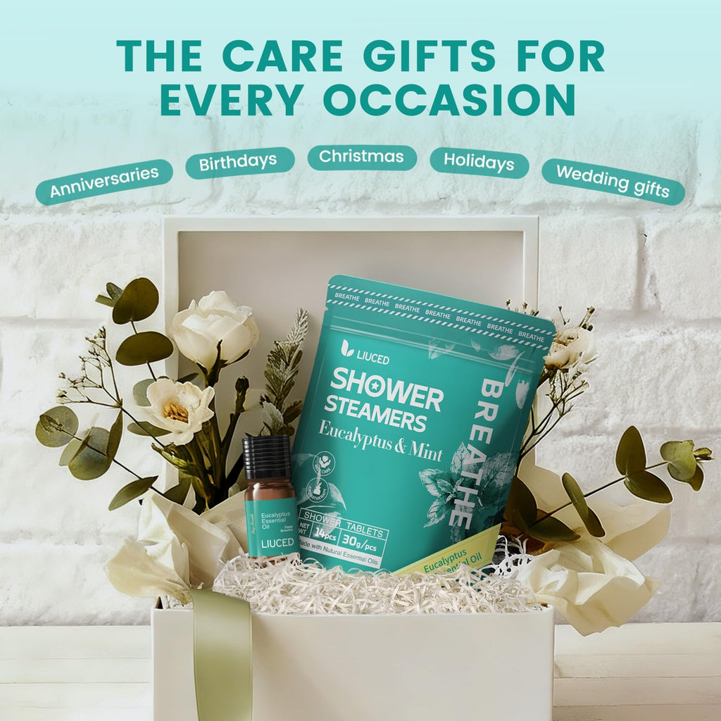 14+1 Shower Steamers - 14 Pack Eucalyptus & Mint Shower Tablets Aromatherapy Pods and 5ml Natural Eucalyptus Essential Oils, Sinus Relief, Stocking Stuffers for Women Men, Gifts for Mom Wife Christmas
