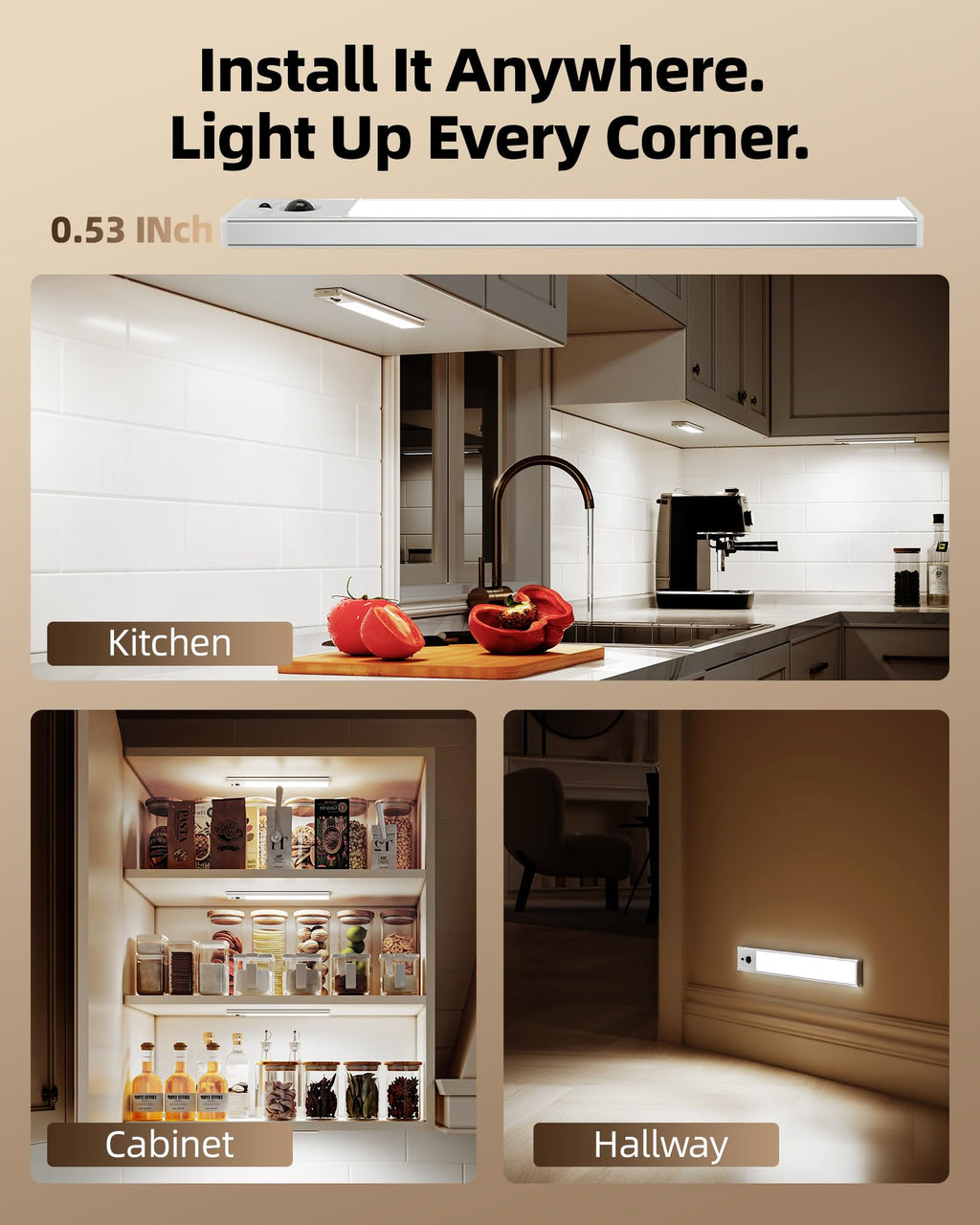 EZVALO 3-Pack 10inch Under Cabinet Lighting with Remote, 2400mAh Rechargeable Motion Sensor Lights, Magnetic Dimmable Closet Light, Timer, 3 Color Temps Wireless Lights for Kitchen, Pantry, Stair