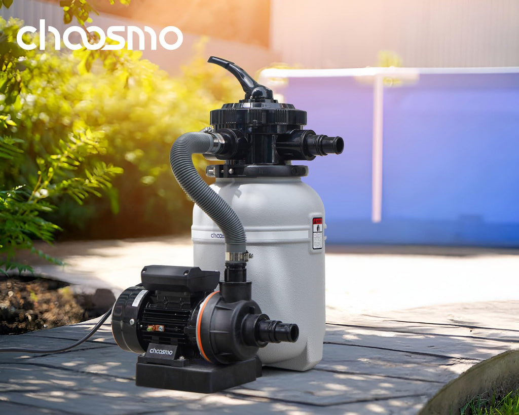 CHOOSMO 10 Inch Sand Filter Pump for Above Ground Pools, 2220 GPH 1/4 HP Pool Filtration System, 30 lb Sand Tank, 6-Way Valve, Hose Adapters, 115V, for 3,000–6,500 Gal Pools