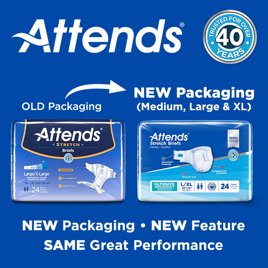 Attends Stretch Adult Disposable Briefs, Large/X-Large, 40"-70" Waist with Tab Closure, Ultimate Absorbency with Dry-Lock Containment Core, 96ct Case