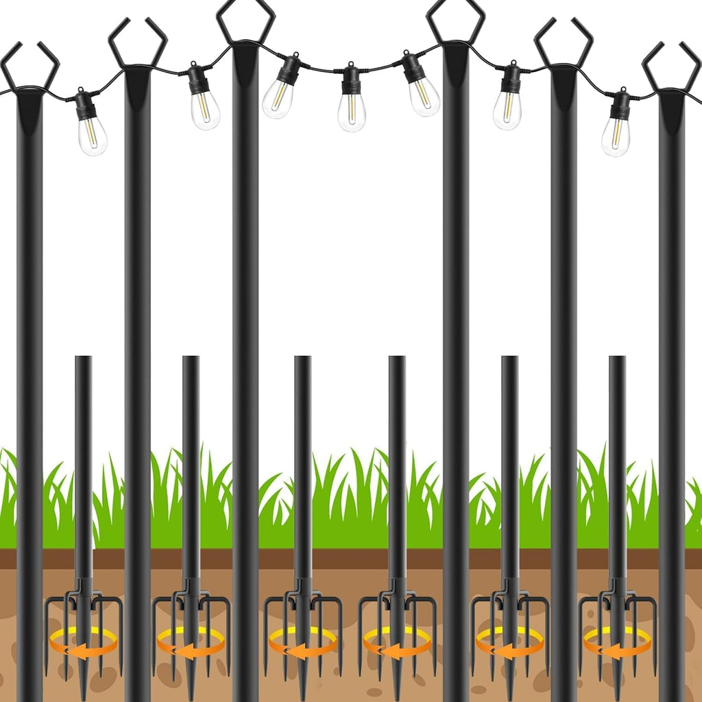 AHRLHR 6 Pack String Light Poles, Outdoor String Light Pole 10 ft Forked Metal Light Pole with Adjustable Outdoor Light Stand, Deck, Backyard, Garden, Wedding, Rustproof and Sturdy with Hooks.
