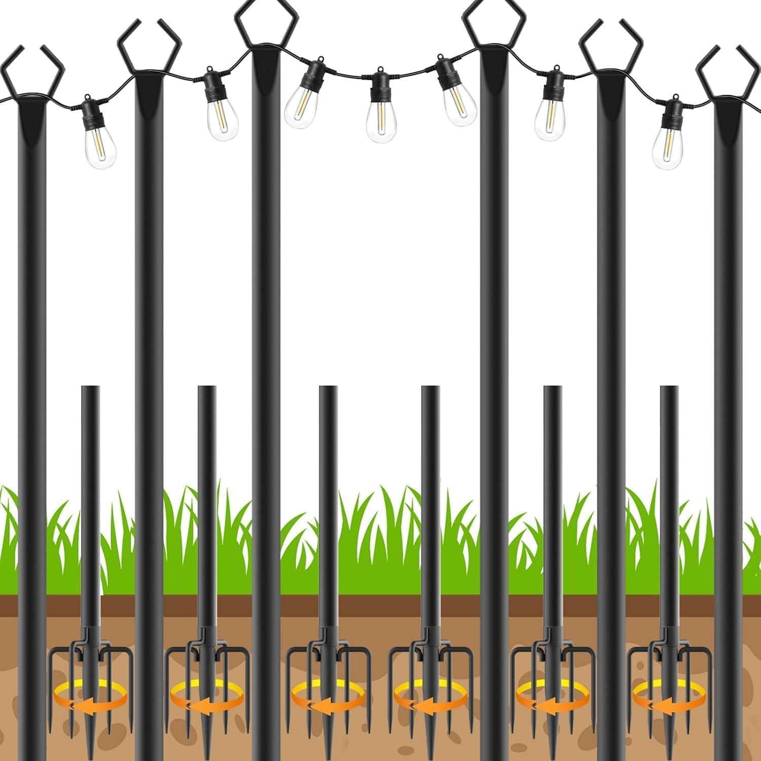 AHRLHR 6 Pack String Light Poles, Outdoor String Light Pole 10 ft Forked Metal Light Pole with Adjustable Outdoor Light Stand, Deck, Backyard, Garden, Wedding, Rustproof and Sturdy with Hooks.