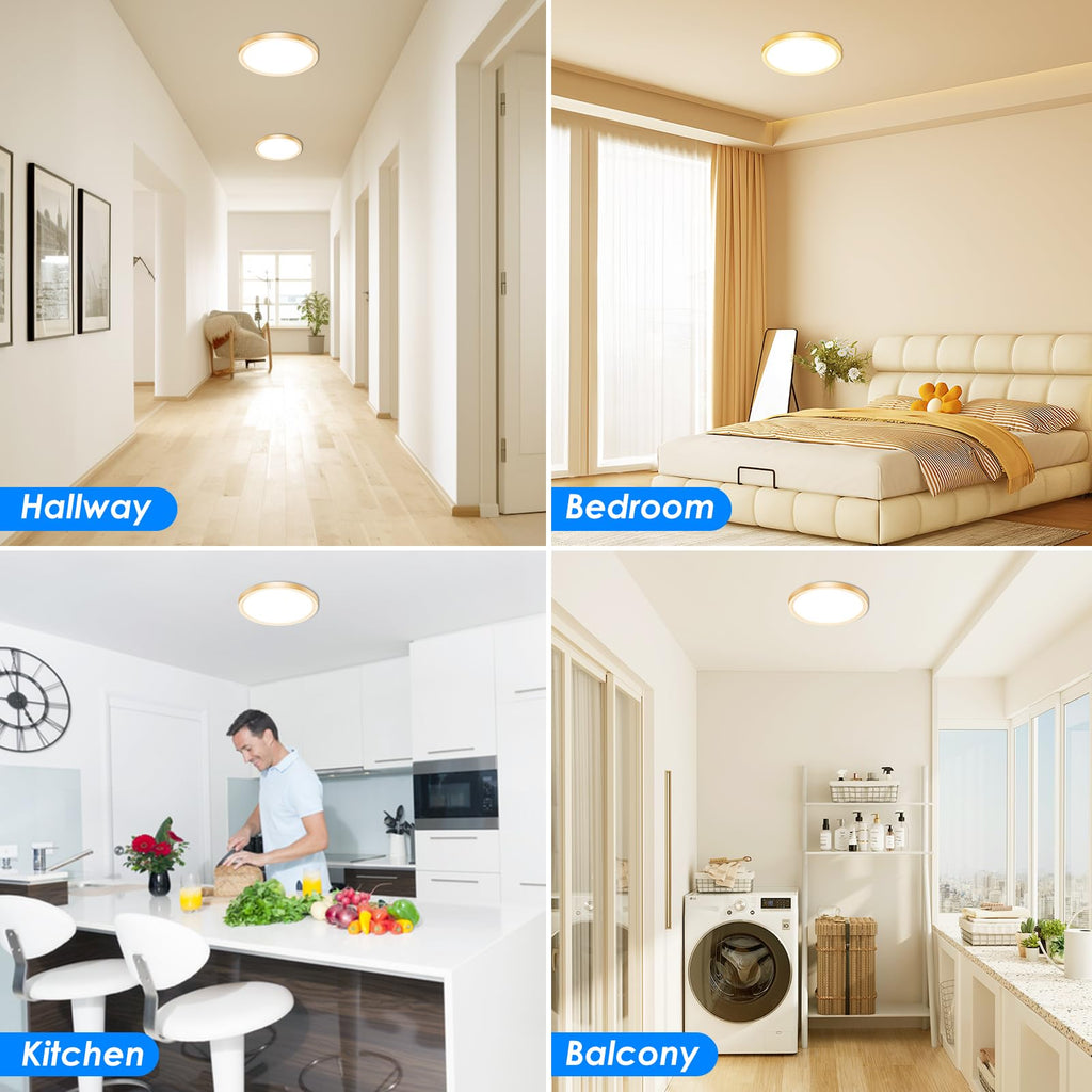 Peasur 12 Inch LED Ceiling Light Gold, 24W Slim Flush Mount Ceiling Light 3000K/4000K/6500K Adjustable, Modern Round Ceiling Lighting for Bedroom, Living Room, Kitchen(2 Pack)
