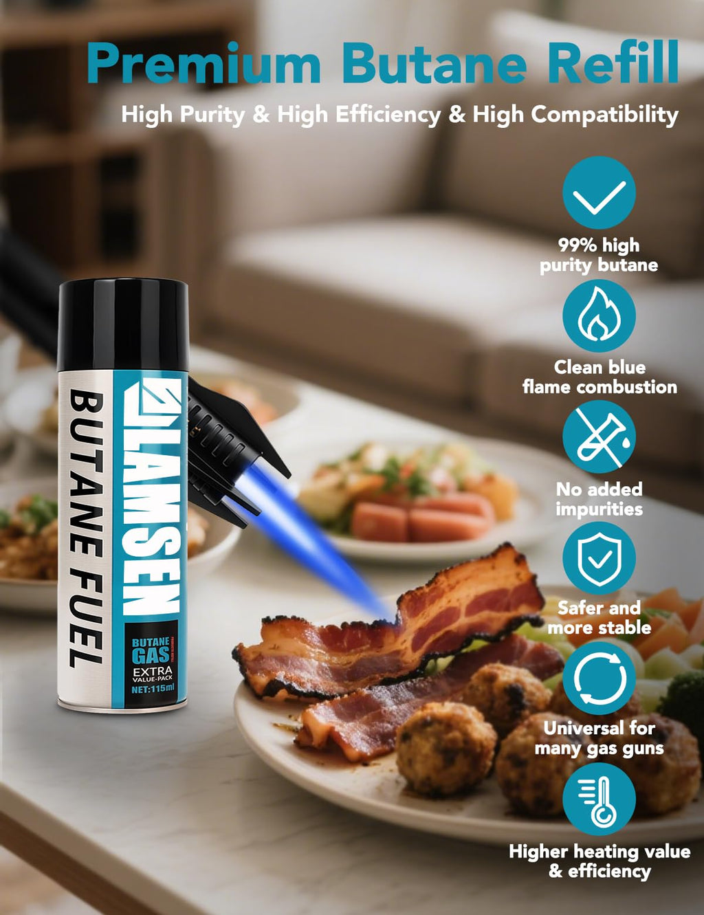 Lamsen Butane Refill - 115ml, Butane Fuel for Torch Lighter, Butane Canister for Torch Lighter, Butane Fuel Gas for Cooking, Camping and Welding, 3 Can