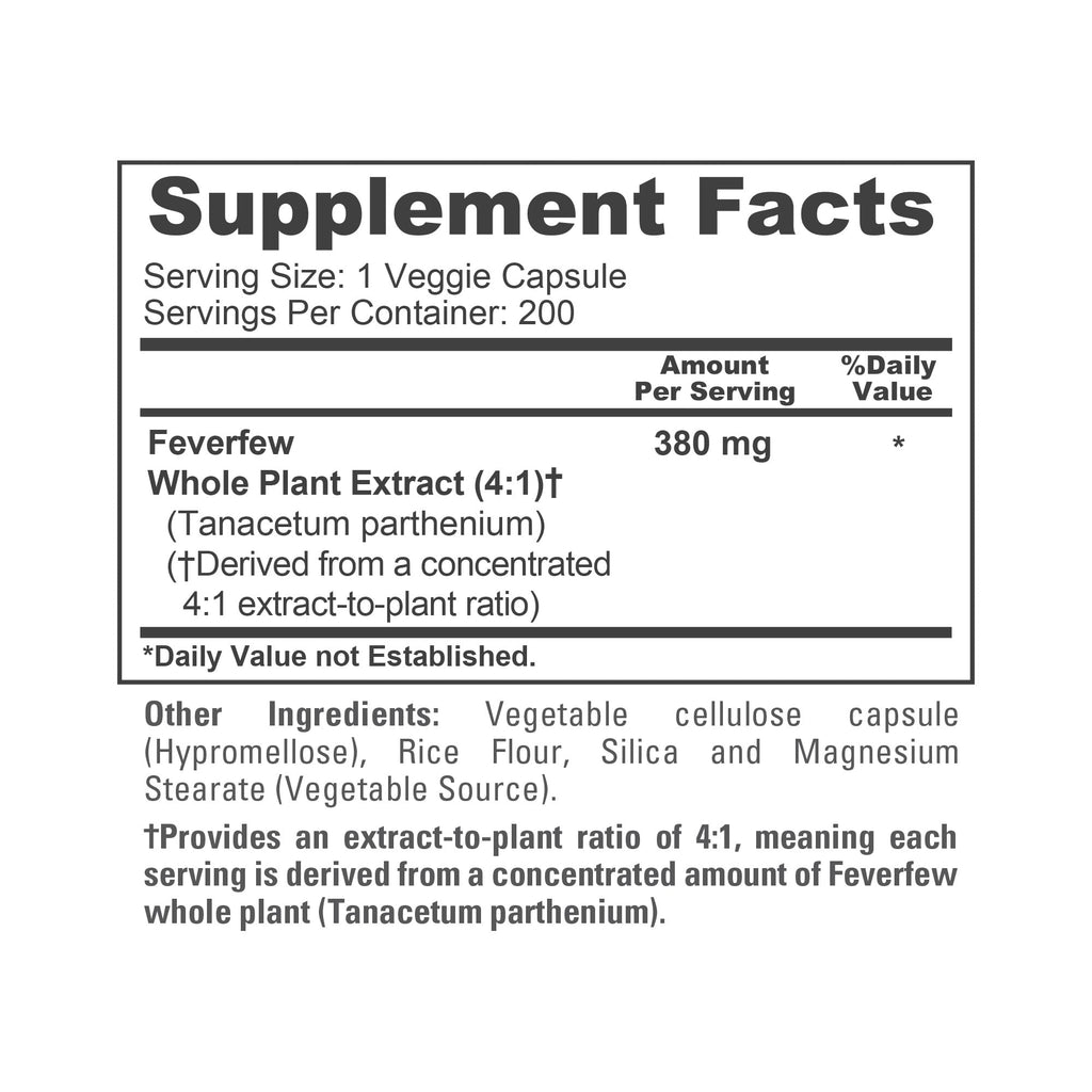 NusaPure Feverfew Capsules, 380 mg, 200 Veg Capsules (Non-GMO, Gluten Free)
