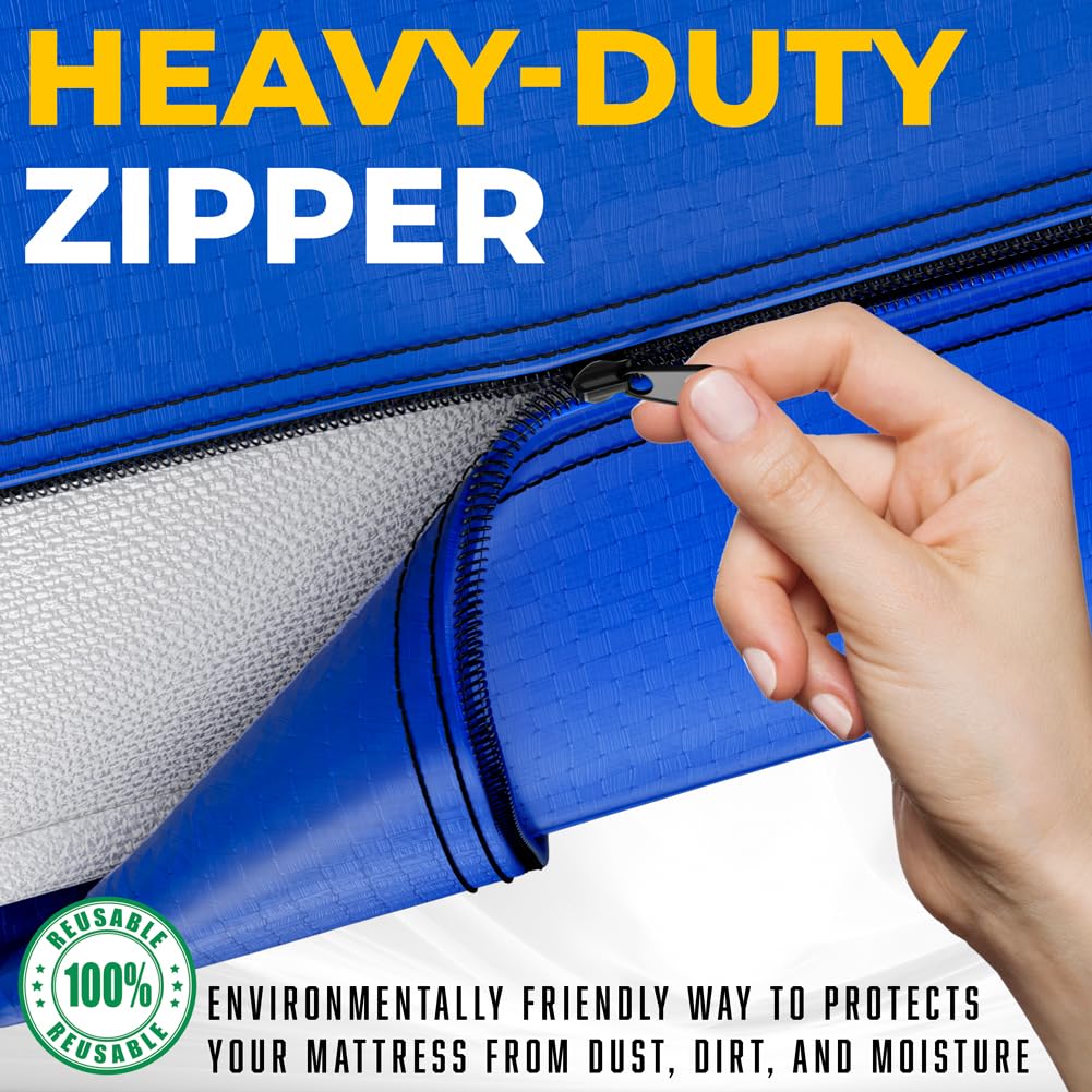Mattress Bags for Moving and Storage | Extra Thick Heavy Duty Reusable Mattress Cover Protector Tarp with Premium Strong Zipper and 8 Patented Easy to Carry Handles (California King Size)