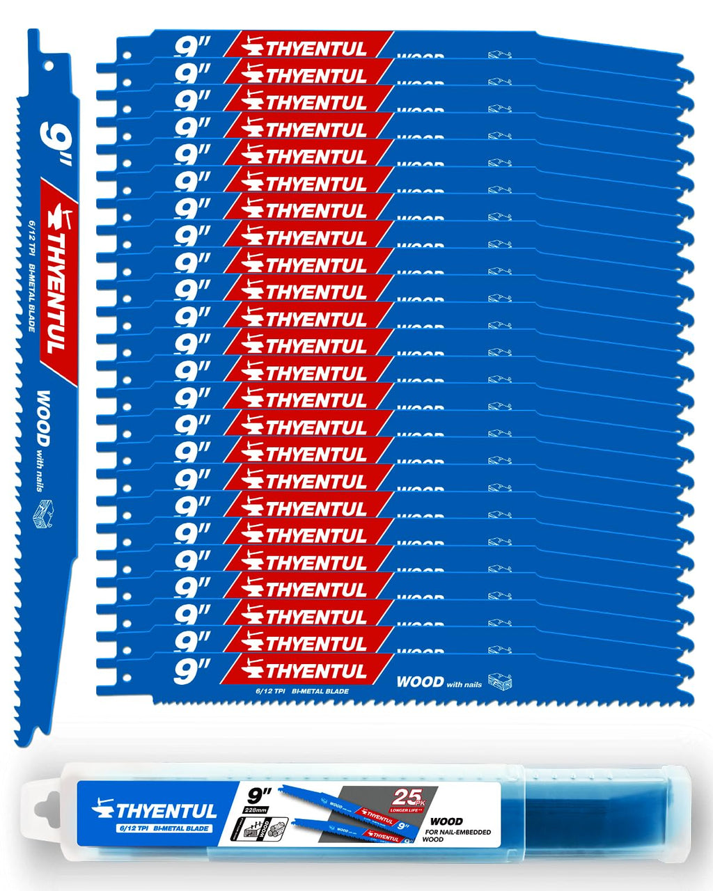 25 Pack 9 in Stud and Nail Sawzall Blades,Demo Demon Bi-Metal Demolition Reciprocating Saw Blade for Nail-Embedded Wood Cutting, Garden Pruning, Tree Trimming（6/12TPI）