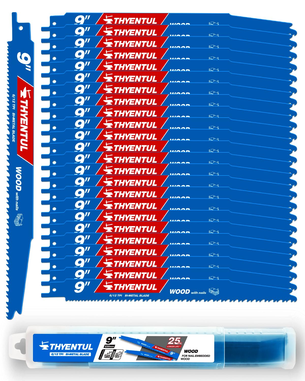 25 Pack 9 in Stud and Nail Sawzall Blades,Demo Demon Bi-Metal Demolition Reciprocating Saw Blade for Nail-Embedded Wood Cutting, Garden Pruning, Tree Trimming（6/12TPI）