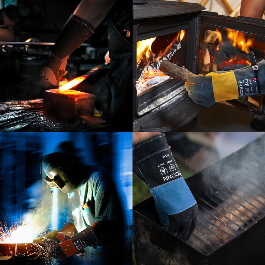 TICONN 16 Inch Welding Gloves, 1000°F Heat-Resistant Fireproof Leather Gloves for Welders, Stick, Forge, Mig, Tig, BBQ, Baking, Oven (Black/Blue, XL)