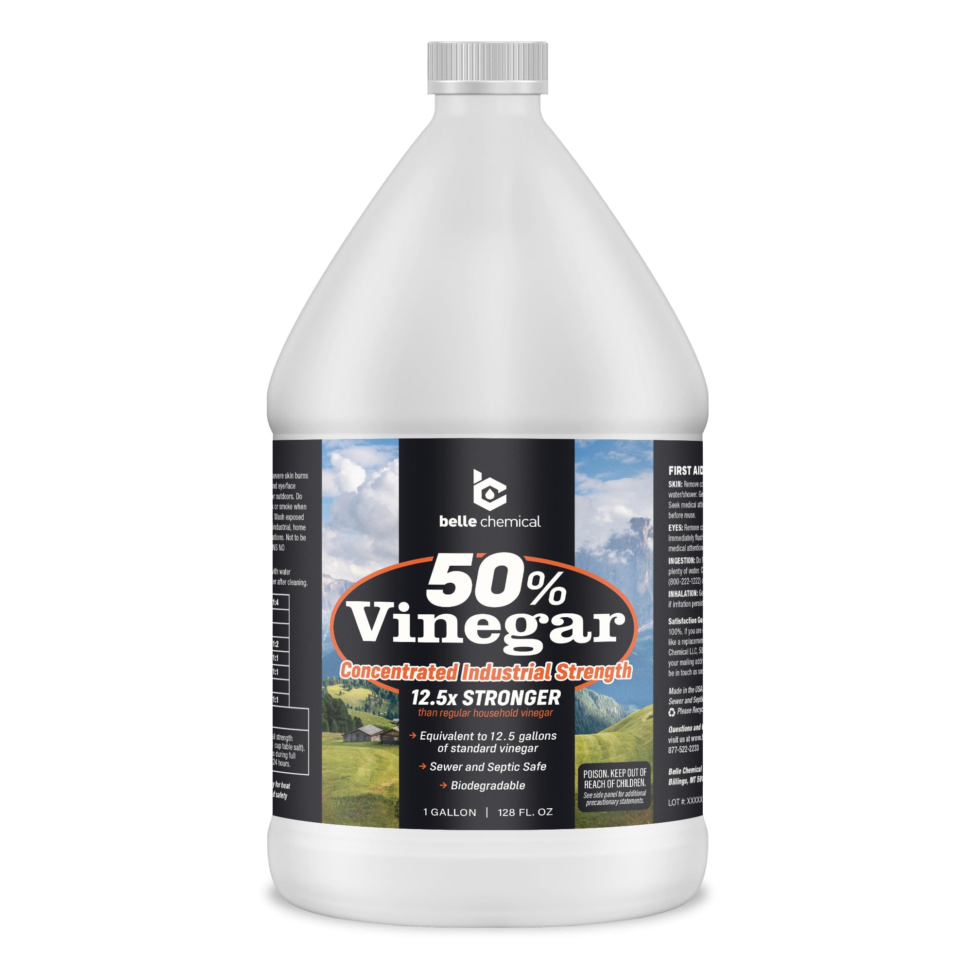 Belle Chemical 50% Pure Concentrated Vinegar - 125x Stronger - Indoor and Outdoor Cleaner (128 Fl Oz)