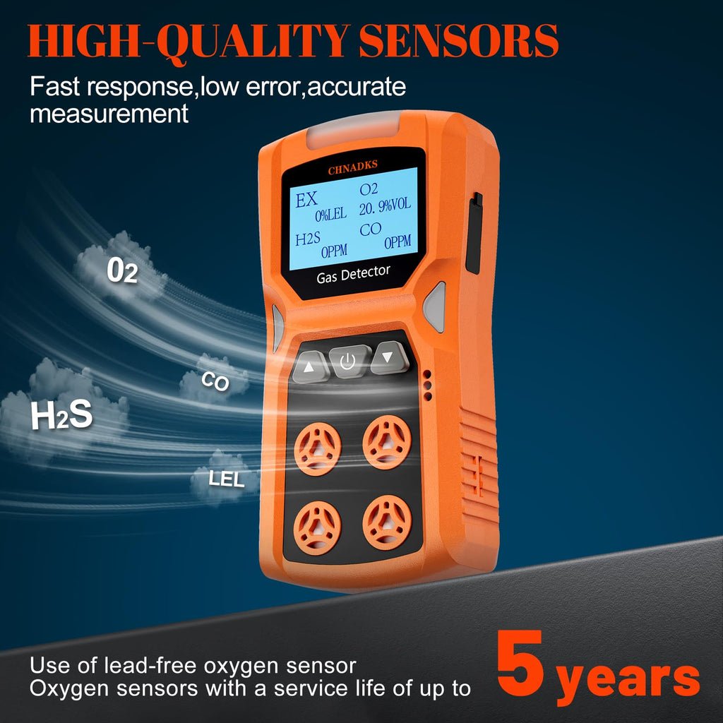 ADKS-4 Portable Gas Detector, 4 Gas Monitor H2S,O2,CO and LEL Multiple Indicator with Vibration, Audible, Visual 4 Gas Monitor Personal Rechargeable Gas Sniffer Alarm with LCD