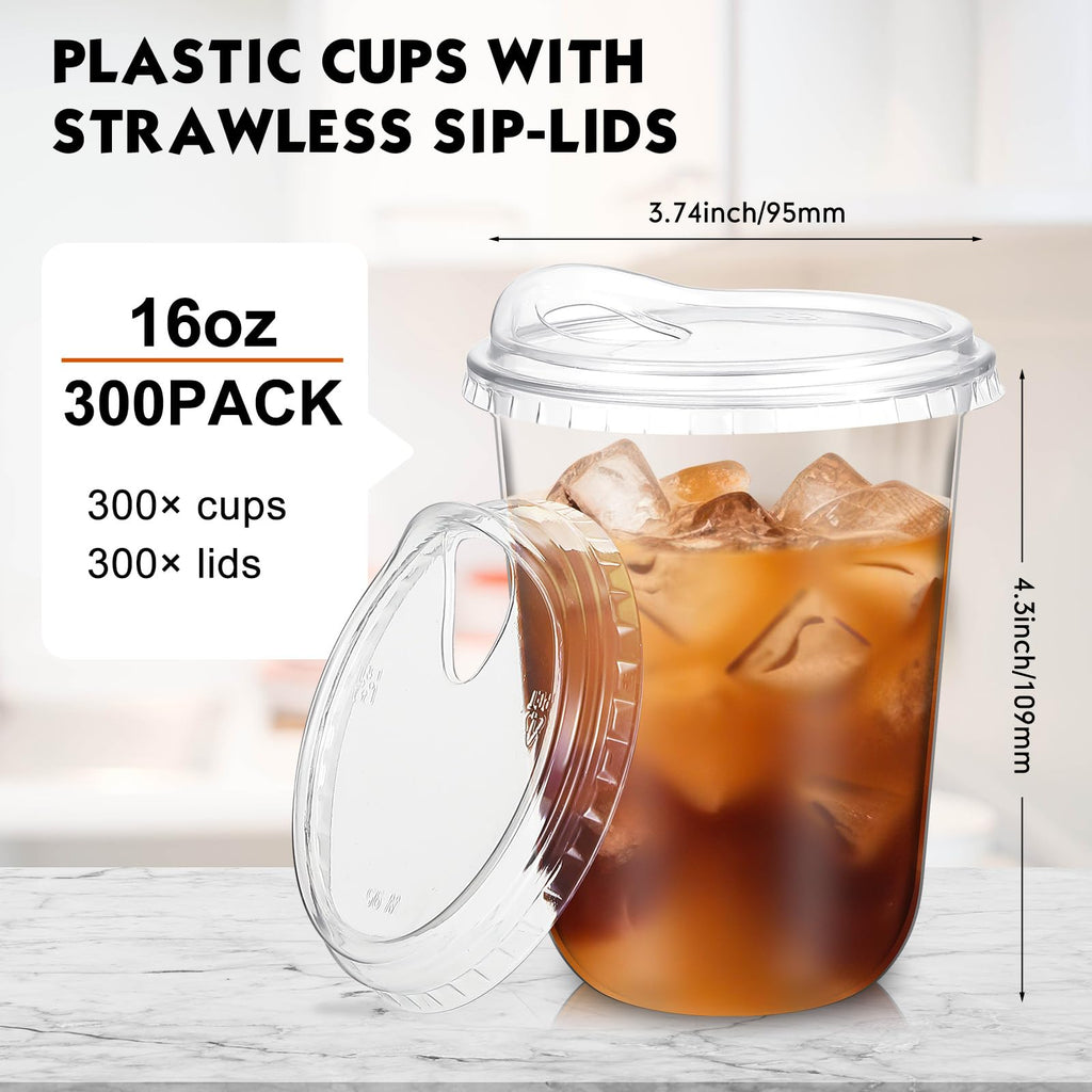 Baderke 300 Pcs Clear Plastic Cups with Strawless Sip Lids Disposable Round Bottom Togo Cups for Coffee Smoothie Cold Beverage Coffee Shops and Party Catering (16 oz)