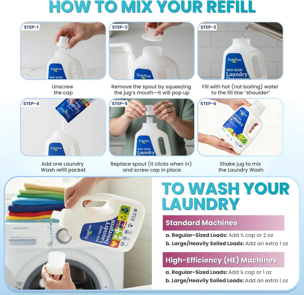 Truly Free Natural Laundry Detergent for Sensitive Skin | Eco Friendly, Plant Based, Baby Clothes Safe | Clean & Easy Powder to Liquid, 4 Pack Refill Detergent, NO Jug | Signature Scent, 200 Loads