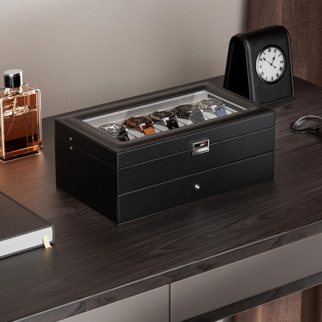 ProCase Watch Box, 12 Slot Watch Case for Men with Drawer, Black