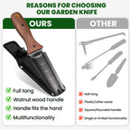 PERWIN Hori Hori Garden Knife, Garden Tools with Sheath, 6" Stainless Steel Blade with Cutting Edge, Full-Tang Walnut Ergonomic Wood Handle with Hanging Hole, Weeding, Planting, Digging