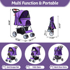 Azaeahom Pet Stroller, 4 Wheels Pet Strolling Cart for Medium/Small Dogs and Cats, Foldable Cat Jogger/Dog Stroller with Cup Holder, Storage Basket, Breathable Mesh, All-Season Pet Carrier, Purple