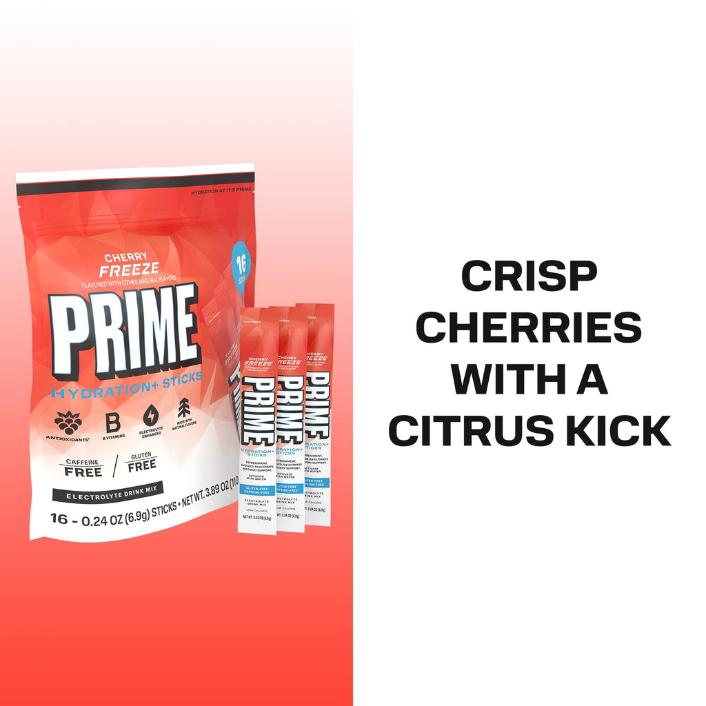 PRIME HYDRATION+ Electrolyte Powder Sticks, Strawberry Banana, Sugar Free Hydration Drink Mix with Potassium, Magnesium & B Vitamins to Replenish Fluids, Caffeine Free, 16 Count