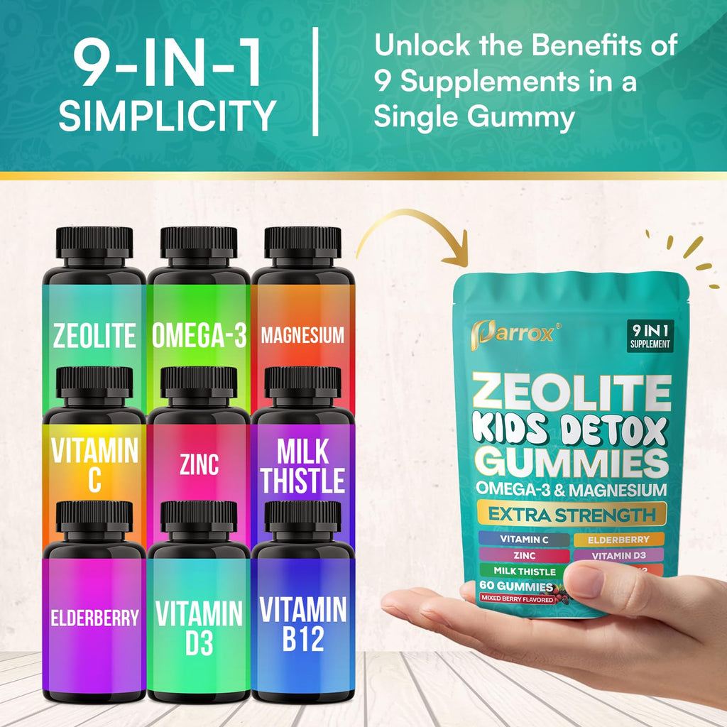 Parrox Zeolite Kids Detox Gummies, 9-in-1 Extra Strength with Zeolite, Omega-3, Magnesium, Elderberry, Vitamin C, Milk Thistle, Vitamin D3, Zinc, B12 – Sugar-Free (Mixed Berry Flavor - 2 Pack)