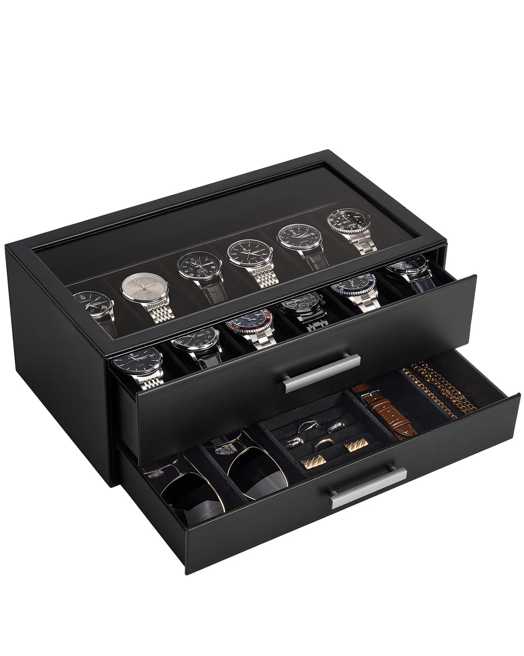 ProCase 12-Slot Watch Case for Men, 2-Tier Pull-Out Drawers Box -Black