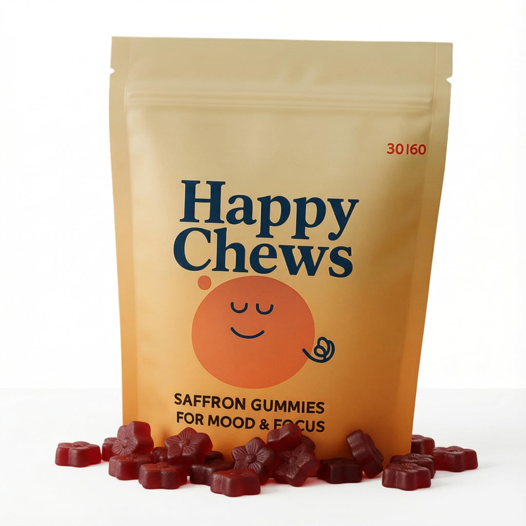 Happy Chews Saffron Gummies for Kids | Supports Mood, Calm & Focus | Saffron Extract, Passionflower, St. John’s Wort & GABA | Sugar-Free, Gluten-Free, Vegan, Non-GMO (60 Gummies)