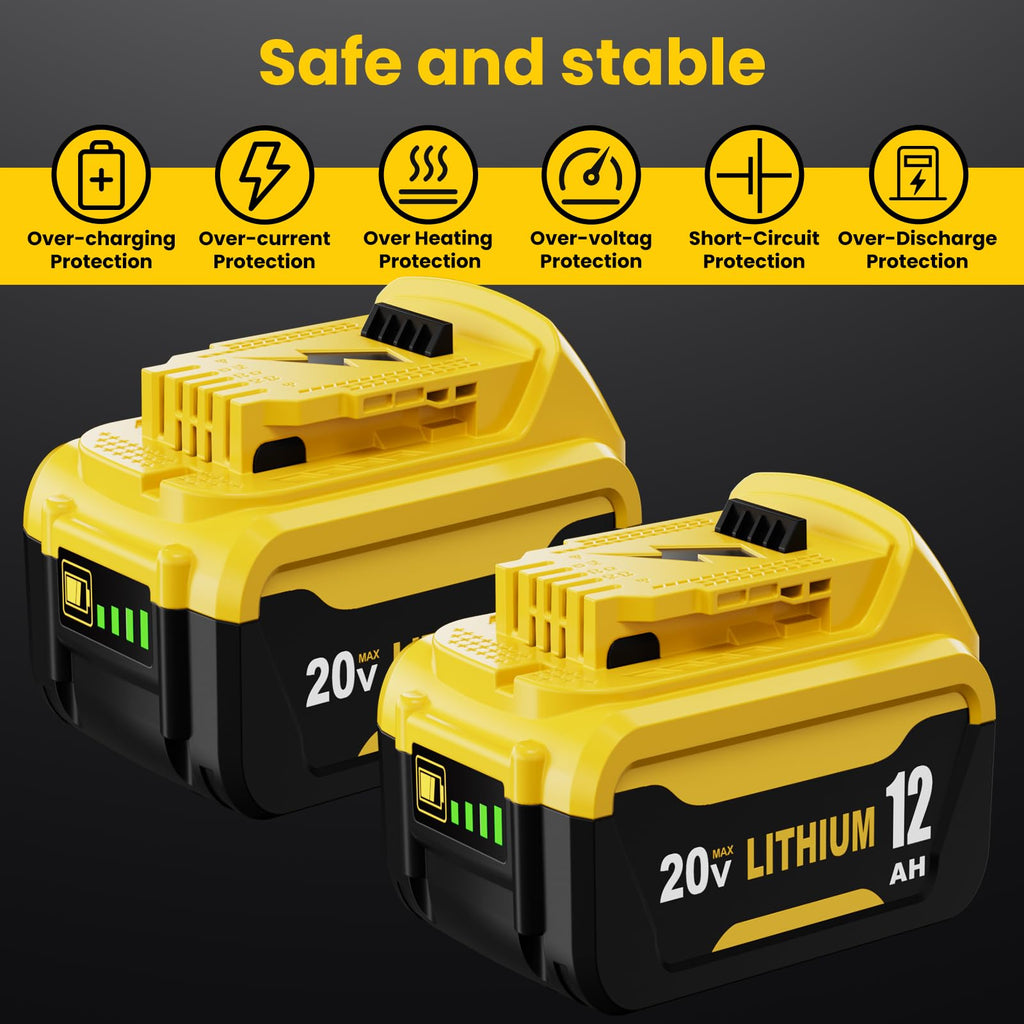 2 Pack 12000mAh Replacement for Dewalt 20V MAX Battery Lithium and DCB102 Charger Combo Compatible with Dewalt 20V Battery Lithium DCB207 DCB206 DCB204 DCB200 DCB201 DCB203 Series Power Tool(Yellow)