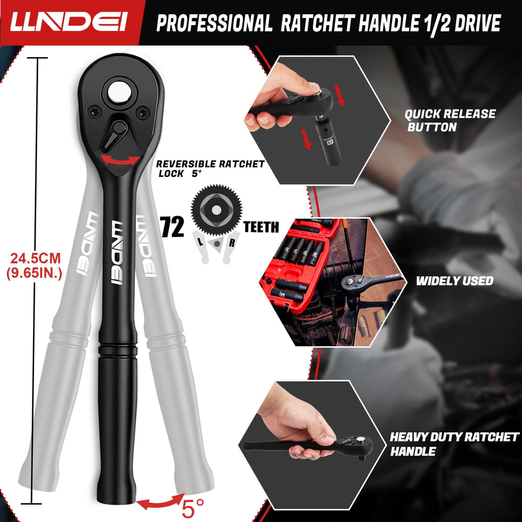 LLNDEI 1/2" Dr. Ratchet Impact Socket Wrench Set,Deep Sockets(8-24mm),Spark Plug Socket(16,21mm),49PCS, CR-V, Metric, With Combination Wrenches (8-17mm)