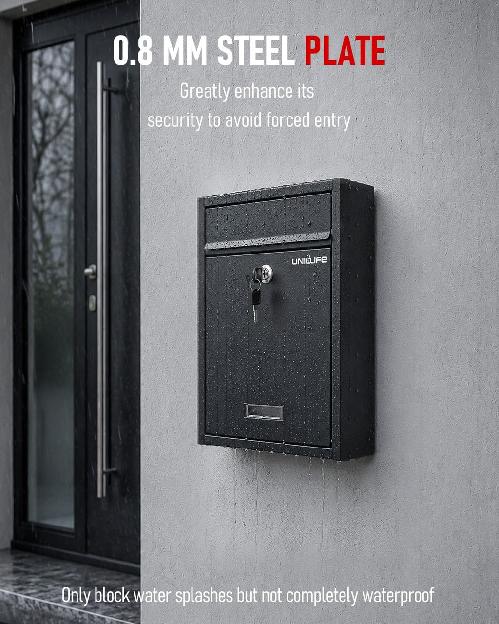 Uniclife Wall Mount Mailbox for Outside, Locking Mail Box, Large Mailbox with Key Lock, Security Mail Box for House, Safe Key Drop Box, Post Box, Steel Cash Drop Box for Home Office School, Black