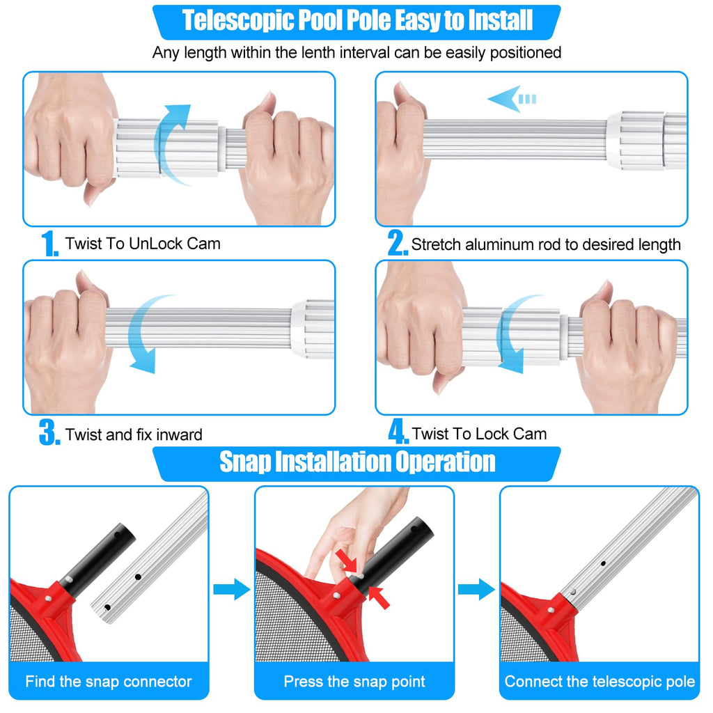 Upgraded Pool Pole 16.5 Foot Telescopic Swimming Pool Poles,Adjustable Telescopic Pool Cleaning Pole,Professional Pole for Skimmer Net,Rake,Brush,Vacuum Head,Heavy Duty Aluminum Thicken 1.3mm Pole