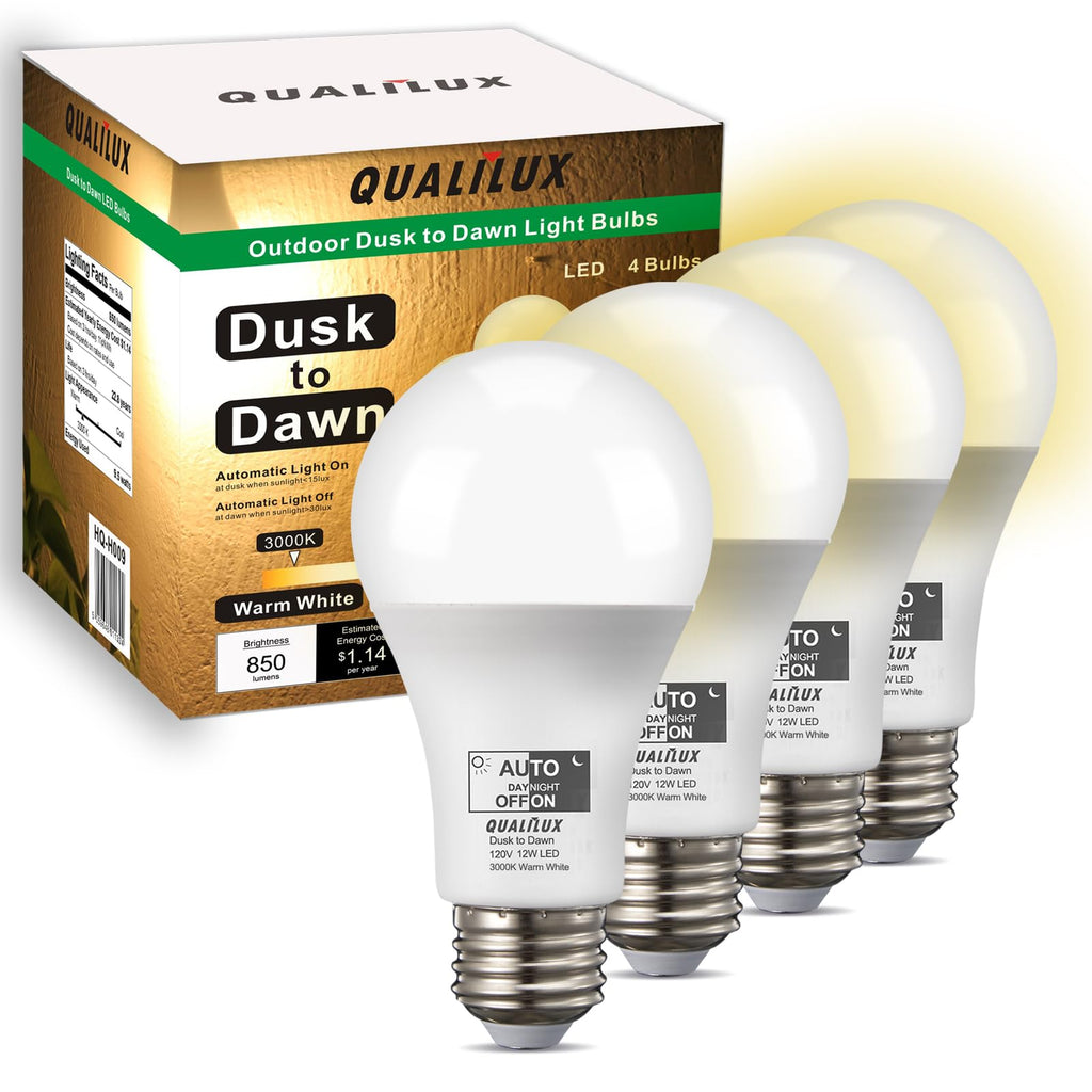 Qualilux Dusk to Dawn A19 LED Light Bulbs Outdoor, Automatic On/Off, 60W Equivalent, Warm White 3000K, Energy Efficient 9.5W, 850 Lumen, E26 Base, 4-Pack, HQ-H009