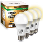 Qualilux Dusk to Dawn A19 LED Light Bulbs Outdoor, Automatic On/Off, 60W Equivalent, Warm White 3000K, Energy Efficient 9.5W, 850 Lumen, E26 Base, 4-Pack, HQ-H009
