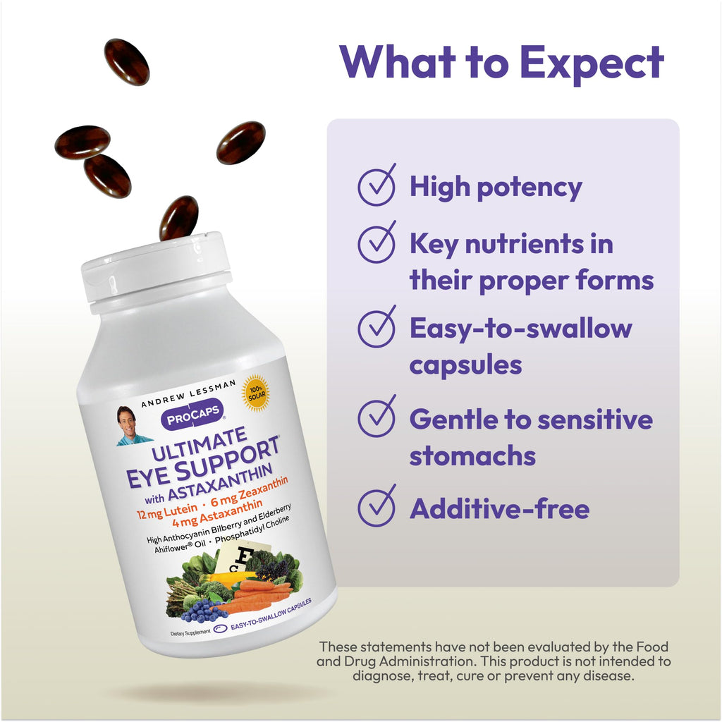 ANDREW LESSMAN Ultimate Eye Support with Astaxanthin 60 Softgels - 12mg Lutein, 6mg Zeaxanthin, 4mg Astaxanthin, Bilberry. Key Nutrients to Support Eye Health, Promote Healthy Vision. No Additives