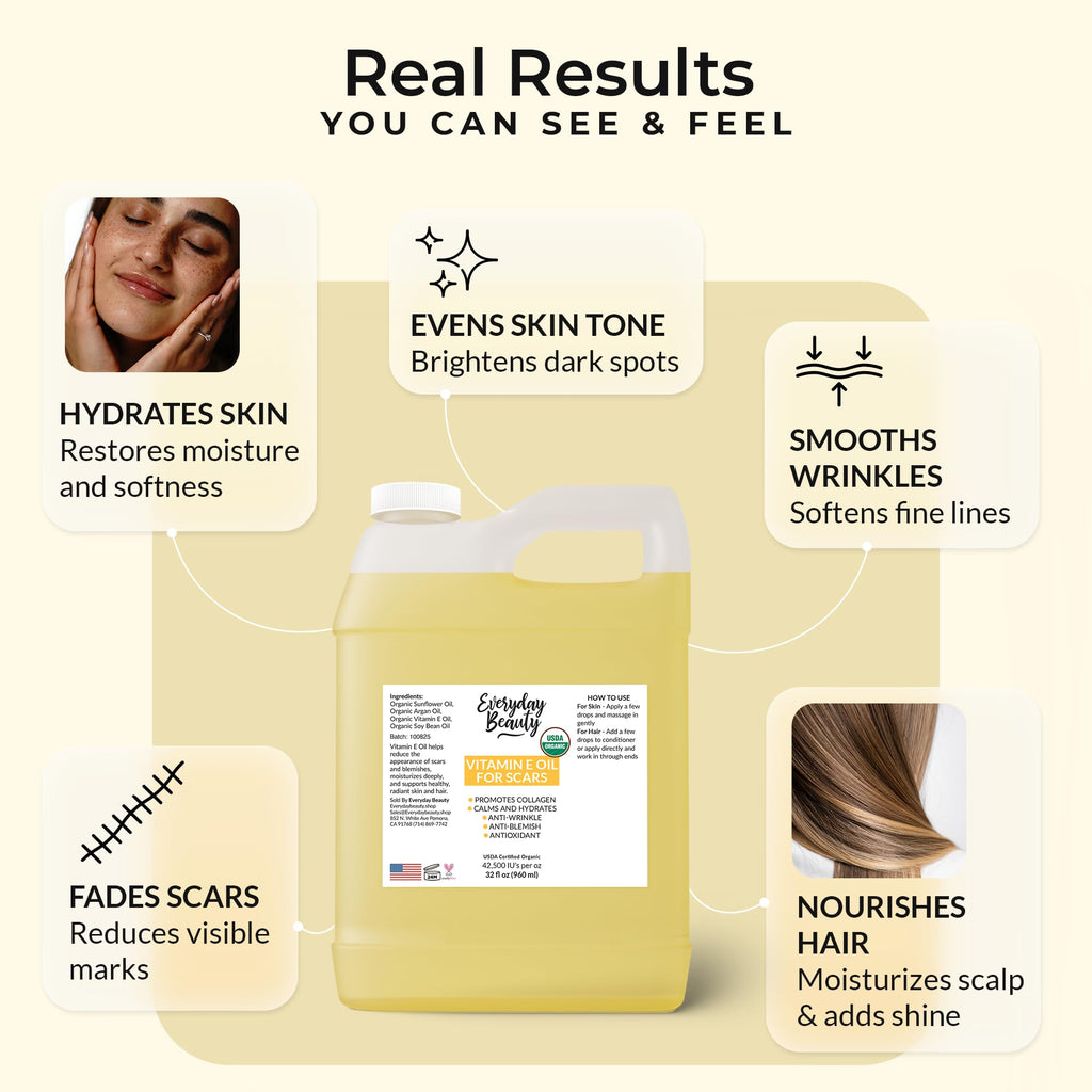 Organic Vitamin E Oil Bulk - 32oz USDA Certified 100% All Natural Plant Based - Light and Unscented Great for Scars After Surgery - For Face, Skin and Nails - Anti-Aging, Reduce Appearance of Wrinkles