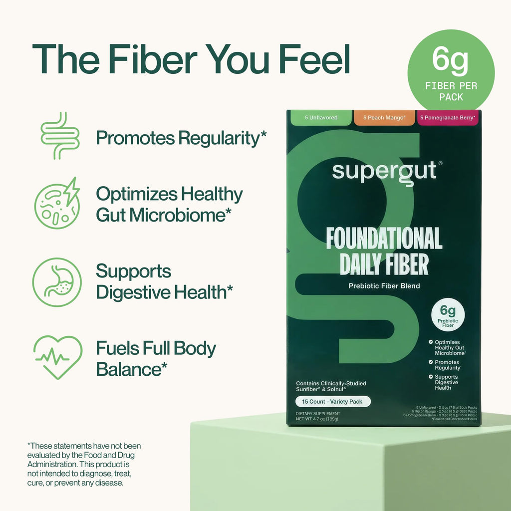 Supergut Foundational Daily Fiber, Vegan & Sugar Free Prebiotic Powder Blend for Gut Health & Digestive Support, Plant Based Supplement for Men & Women with 6g of Fiber, Variety Pack, 15 Stick Packs