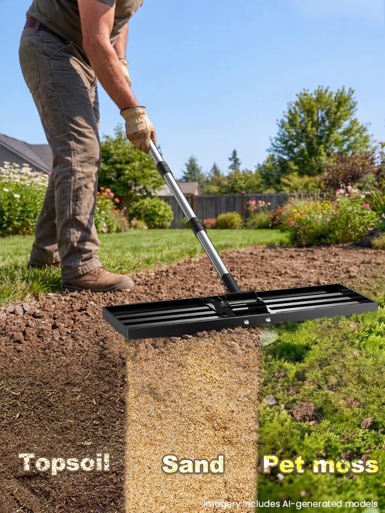 30x10 inch Lawn Leveling Rake, Yumatum 72" Heavy Duty Lawn Leveler Tool, Stainless Steel Handle Lawn Leveler for Yard Golf Pasture Garden, Professional Lawn Care Landscape Rake