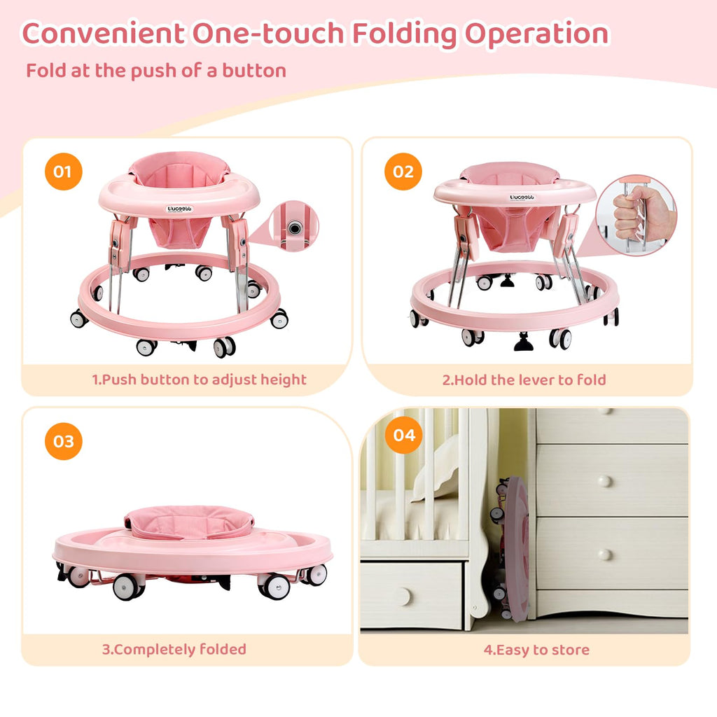 Baby Walker with Wheels, One-Touch Folding Baby Walkers, 7-Speed Height Adjustment with Large Dinner Plate, Anti-Roll 8-Wheel with Brake for 6-18 Months Baby, Full Pink