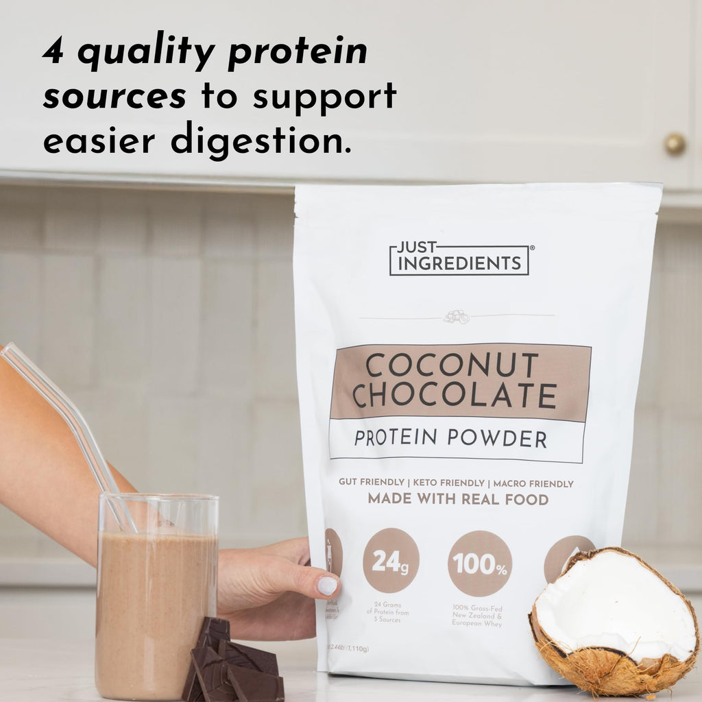 JUST INGREDIENTS Coconut Chocolate Protein Powder – 30-Serving Blend with 100% Grass-Fed Whey & Organic Plant Proteins – Creamy Coconut Cocoa Flavor – Supports Muscle Recovery, Energy*