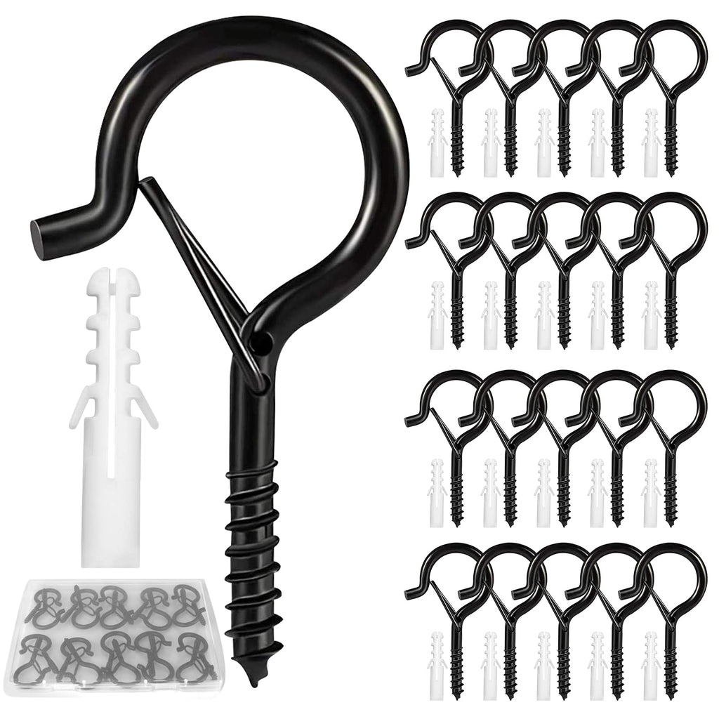 cyrico Hooks for Outdoor String Lights, 20 Pack Cup Screw Hooks for Hanging Plants Fairy Led Party Christmas Lights Garage Wind Chimes Black Q Hanger with Safety Buckle Design Easy to Release