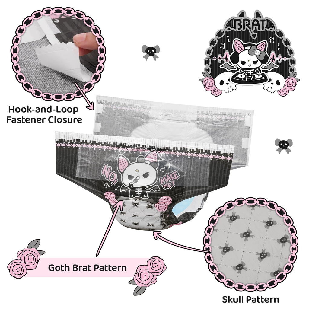 Littleforbig Ultra Absorbent 7000 mL Adult Printed Diaper 10 Pieces - Goth Brat (Large 36"-48")