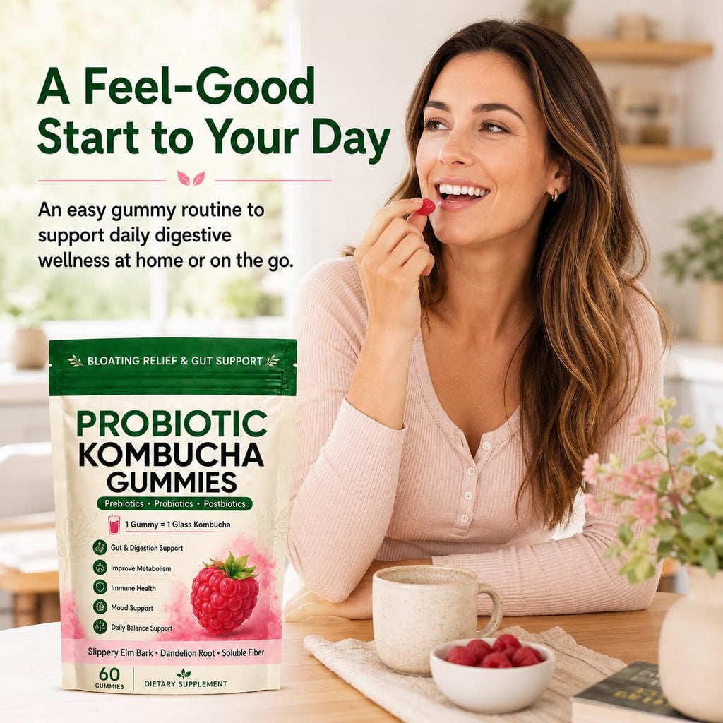 Awjsde Jevawell Kombucha Gummies, Prebiotic Probiotic Postbiotic Formula, Digestive & Gut Health Support, Microbiome Balance & Digestive Comfort, Vegan, Non-GMO, 60 Gummies (1 Peak)