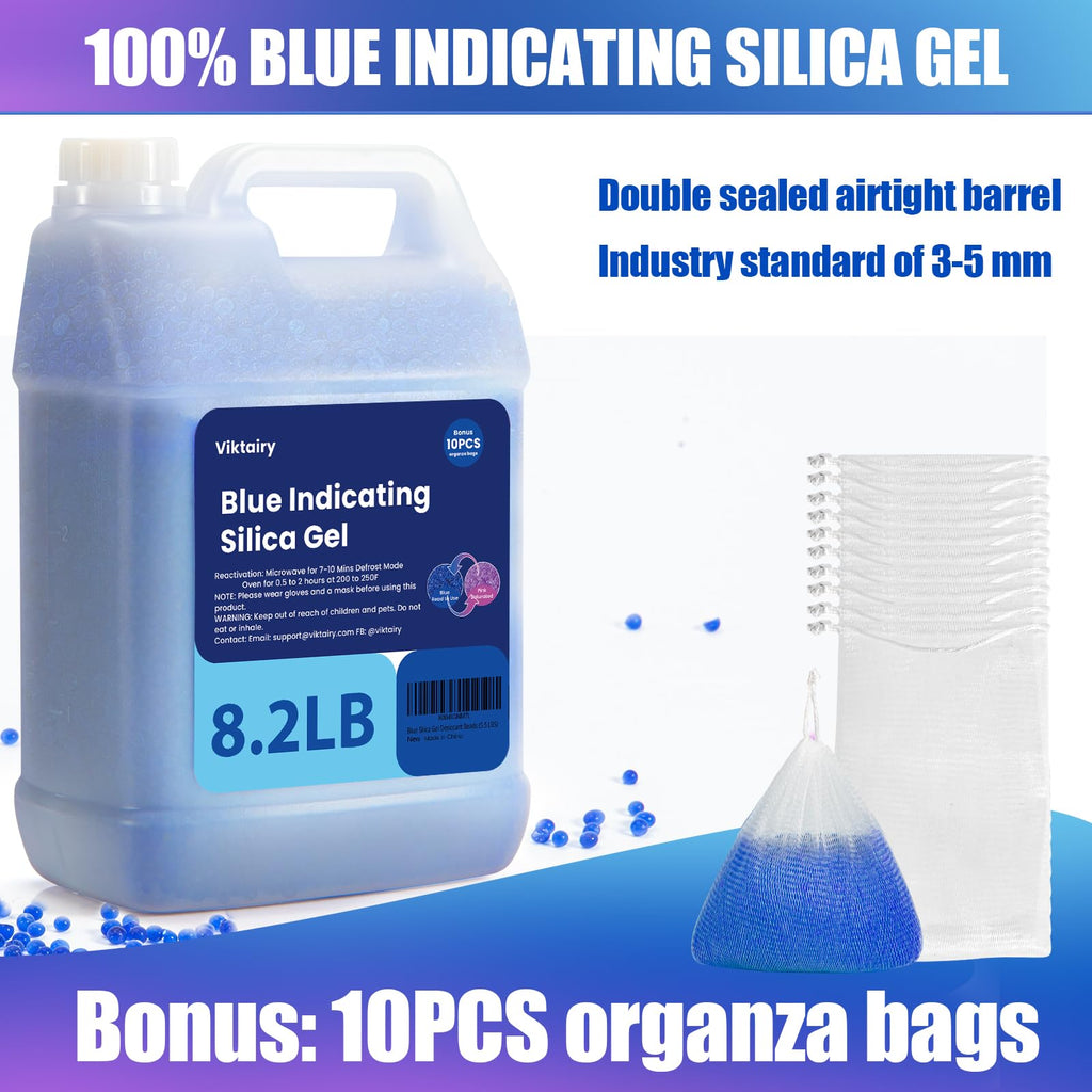 8.2LBS Silica Gel Desiccant Beads, Premium Blue Indicating Reusable Desiccant Bulk, Industry 3-5 mm Silica Beads Dehumidifier for 3D Filament, Electronic Devices, Camera, Jewelry, Safe (10PCS Bags)