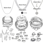 IFKM 36 PCS Silver Plated Jewelry Set with 3 PCS Necklace, 12 PCS Bracelet, 7 PCS Ear Cuffs Earring, 14 Pcs Knuckle Rings for Women Valentine Anniversary Birthday Friendship Gift